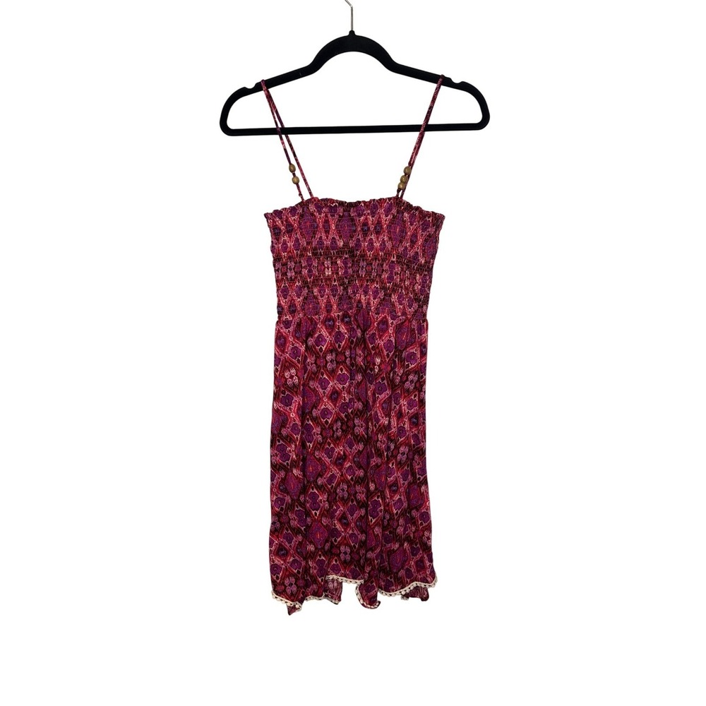Faded Glory Women's Smocked Shirred Dress Pink Geometric Print Beads Straps XL